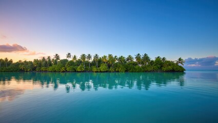 Serene tropical island paradise at sunset with lush palm trees reflected in calm turquoise water under a vibrant blue sky