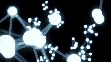 Abstract futuristic animation of a glowing digital network with interconnected nodes representing data flow technology and artificial intelligence on a dark background. - Powered by Adobe
