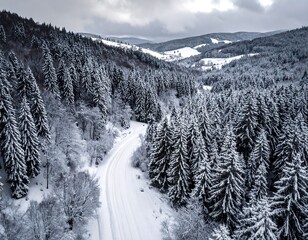 Snowy forest road from above