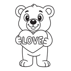 line art of a cartoon bear holding heart with the word love vector
