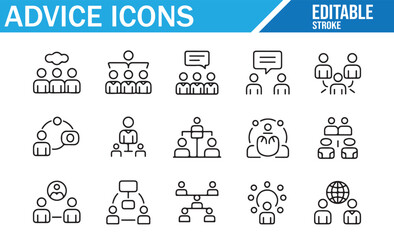 Advice Icons Set – Editable Stroke Outline Vector of consulting, mentorship, teamwork, communication, meetings, hierarchy, and collaboration symbols for business guidance – clean black and white UI pa