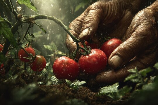 Farmer's hands harvesting organic cherry tomatoes in garden