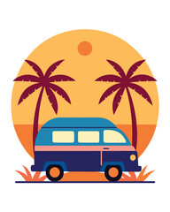 Retro blue and pink camper van parked under palm trees with a large orange sun in the background