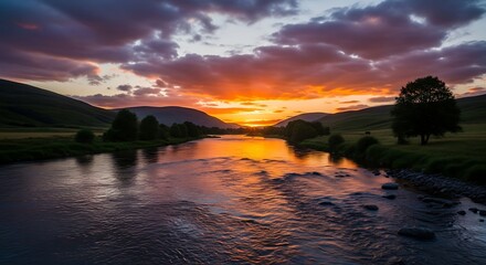 Dramatic colorful sunset over a tranquil river valley.