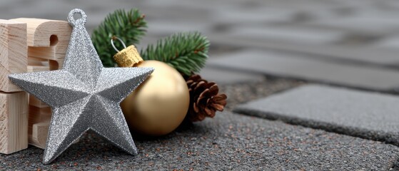 Festive decoration on a wooden block featuring a silver star ornament, gold ball, and pinecone against a textured gray background in winter