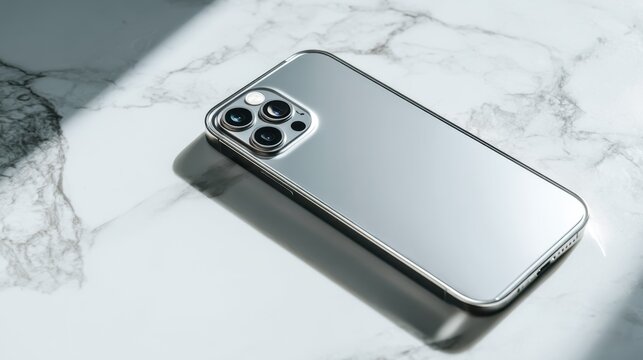 Modern smartphone with multiple cameras on marble surface