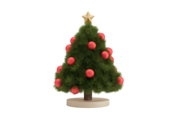 A Festive Miniature Christmas Tree Adorned with Vibrant Red Ornaments and a Golden Star Isolated on transparent background, cutout