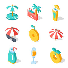 Summer icons set with beach umbrella and orange drink, vector icons for holidays and travel