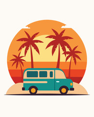 Retro teal van parked on a beach with palm trees and a sunset in the background