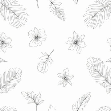 Delicate Botanical Line Art of Tropical Leaves and Flowers &ndash; Minimalist Hand-Drawn Vector Illustration