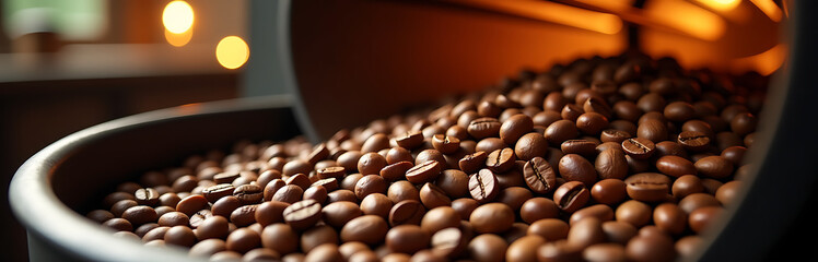 shot spinning roasting machine drum set warm background freshly roasted coffee beans tumble