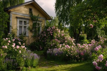 Fototapeta premium Rustic yellow house, vibrant rose garden