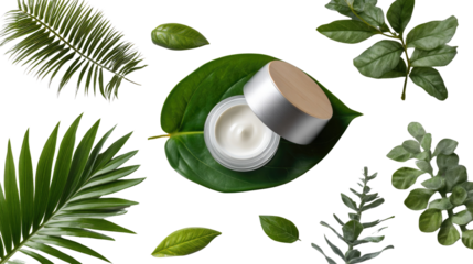 Embracing Natural Skincare: A minimalistic skincare product arrangement, featuring a cream jar surrounded by fresh, green botanical elements.