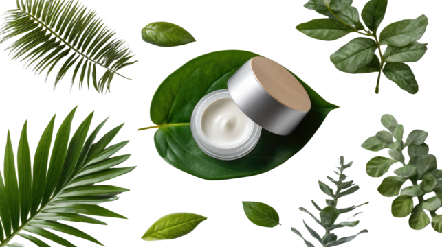 Embracing Natural Skincare: A minimalistic skincare product arrangement, featuring a cream jar surrounded by fresh, green botanical elements.