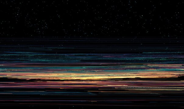 Abstract digital landscape at twilight, with horizontal bands of color and glitching effect