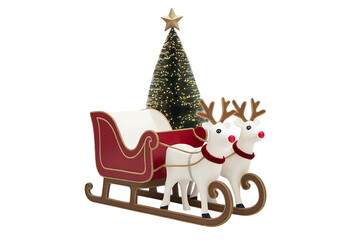 Delightful Festive Christmas Sleigh Decoration with Reindeer and Mini Christmas Tree, Perfect for Holiday Tabletop Display Isolated on transparent background, cutout	