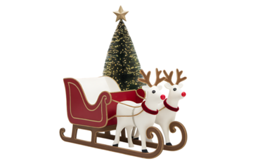 Delightful Festive Christmas Sleigh Decoration with Reindeer and Mini Christmas Tree, Perfect for Holiday Tabletop Display Isolated on transparent background, cutout