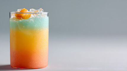 A refreshing layered cocktail with vibrant colors and ice