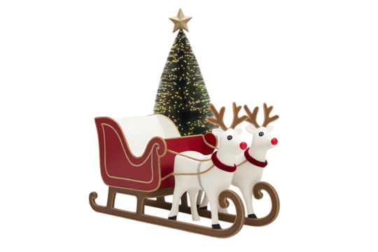 Delightful Festive Christmas Sleigh Decoration with Reindeer and Mini Christmas Tree, Perfect for Holiday Tabletop Display Isolated on transparent background, cutout - Powered by Adobe