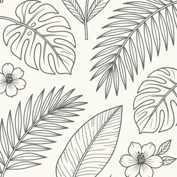 Delicate Botanical Line Art of Tropical Leaves and Flowers &ndash; Minimalist Hand-Drawn Vector Illustration