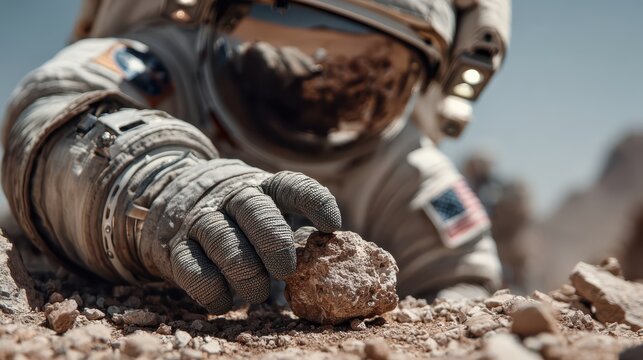 An astronaut in a space suit examines a rock on a barren, rocky surface, with the American flag patch visible on the arm.
