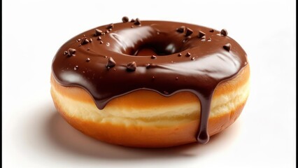 Indulgent chocolate glazed donut dripping with rich frosting and sprinkled with delightful chocolate chips, perfect for any sweet craving.