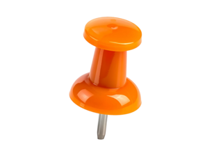 A vibrant orange thumbtack with a shiny, plastic head and a sharp, metallic point, isolated against a black background