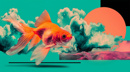 The golden fish flies in the clouds in the sky, with green and orange colors, fulfilling its own and others’ wishes; nothing can stop it from reaching its goal.