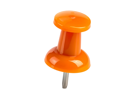 A vibrant orange thumbtack with a shiny, plastic head and a sharp, metallic point, isolated against a black background