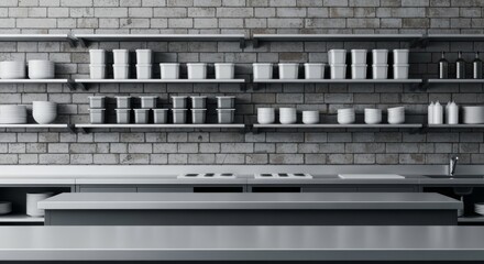 Stylized industrial cooking space with organized shelves