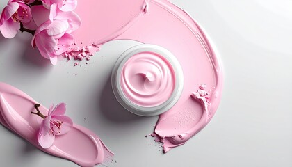 Obraz premium Pink cream jar, flowers, cosmetic