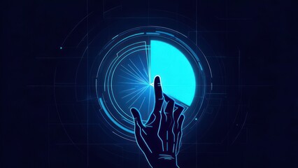 Dynamic digital interface with glowing pie chart and a hand interacting with futuristic technology, symbolizing data analysis and innovation.
