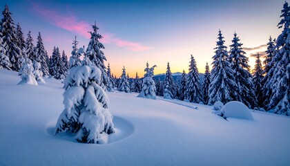 Obraz premium Snowy evergreens at twilight