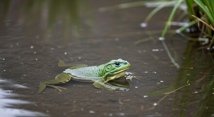 Fototapeta premium Green Frog Resting in Murky Water Surrounded by Reeds.