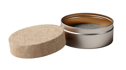 Stone powder and abrasive pad: the image presents an open can with a pile of stone powder and a round abrasive pad next to it
