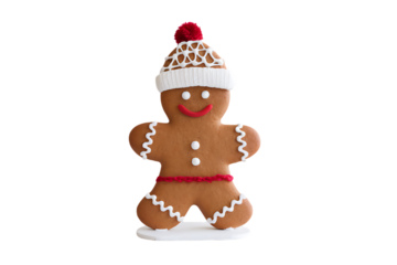 A Delightful Gingerbread Man Cookie Decorated with a Knitted Hat and Festive Accents for the Holiday Season Isolated on transparent background, cutout	