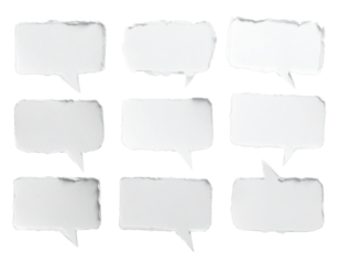 A collection of white paper speech bubbles and communication shapes, torn from paper and isolated on a transparent background. 