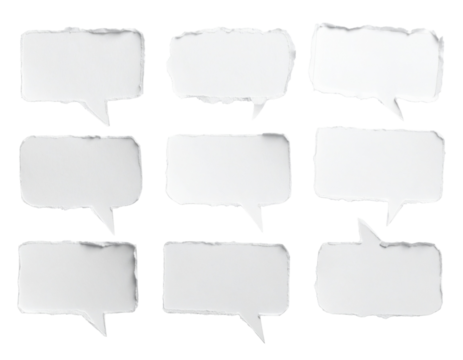 A collection of white paper speech bubbles and communication shapes, torn from paper and isolated on a transparent background. 