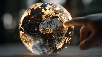 A glowing digital globe with illuminated continents is being touched by a hand, symbolizing global connectivity and technological interaction.