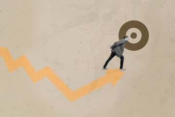 Collage with person observing rising arrow symbolizing startup growth business income statistics...