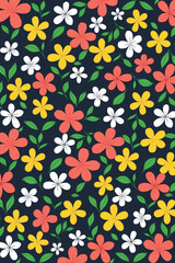 Seamless floral pattern with red, yellow, and white flowers and green leaves on navy background, perfect for fabric, wallpaper, wrapping, and decoration.