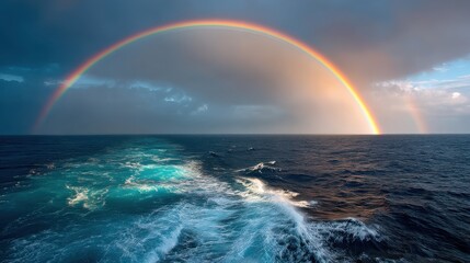A vibrant double rainbow arches over a calm ocean with the wake of a boat cutting through the water under a partly cloudy sky.