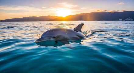 Fototapeta premium Dolphin Leaping in Ocean at Sunset, Tropical Paradise.
