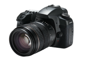 A sleek, black DSLR camera with a large zoom lens, angled slightly to the left, showcasing its various buttons and dials.  The lens is prominent, reflecting light