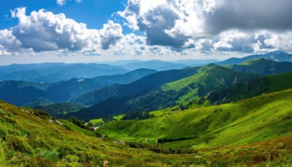 Lush Green Mountain Range Landscape Under a Cloudy Sky Verdant Hills and Distant Peaks under a Bright Sky with Puffy Clouds in Daytime Outdoor Scene