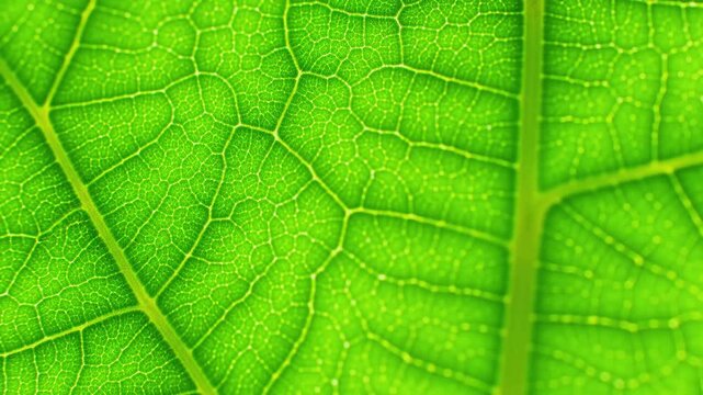 An extreme closeup macro video revealing the intricate network of veins and cellular structure of a vibrant green leaf showcasing the beauty of natural patterns and textures.