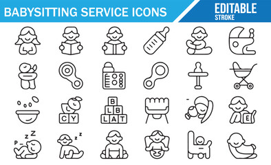 Fototapeta premium Babysitter Outline Icons – Bottle, Stroller, Pacifier – Vector Set