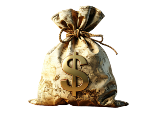 A large, gold, fabric money bag tied with rope, featuring a prominent golden dollar sign emblem on its front.  The bag's texture suggests age and wealth