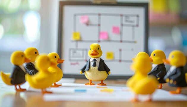 Yellow rubber ducks meeting, one dressed in a business suit with a flowchart in the background, depicting teamwork and leadership in a bright and modern office environment.