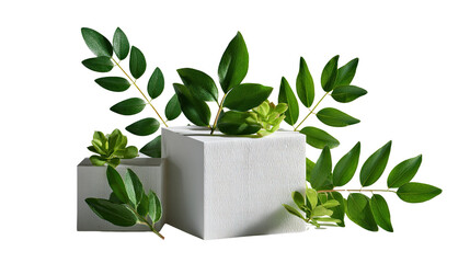 Botanical Composition: A minimalist botanical still life artfully arranges fresh green leaves on simple geometric forms, creating a visually engaging study of nature and design.
